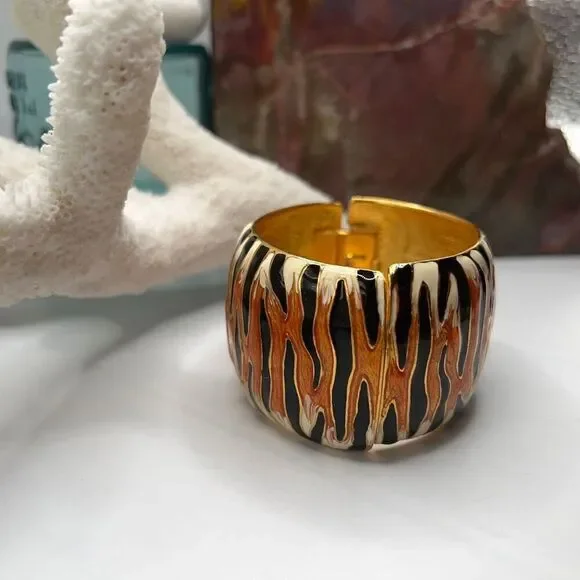Gold Orange Black White Tiger Stipe Bangle Kenneth J Lane - Picture 10 of 15